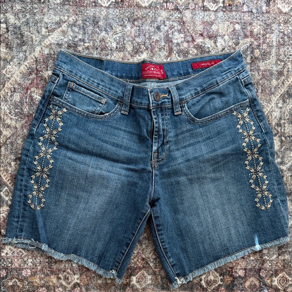 Lucky Brand Blue Denim Shorts with Side Embroidery